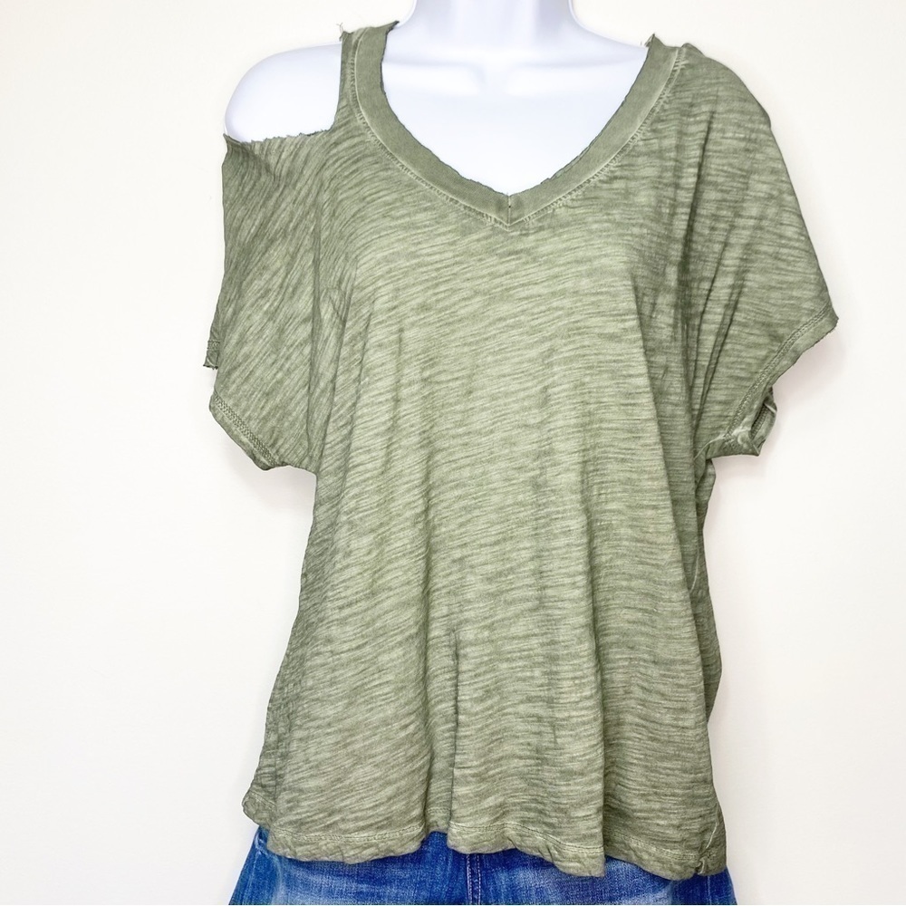 SANCTUARY Army Green Slash Neck Cold Shoulder Top Shirt
